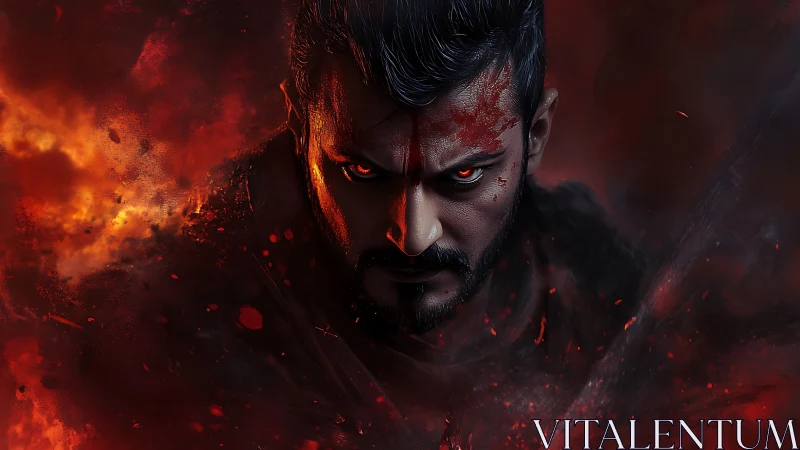 Intense warrior portrait amid red fire and swirling embers.