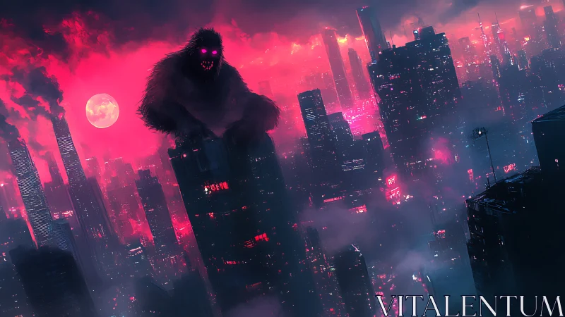 Giant shadow creature looming over neon cyberpunk city.