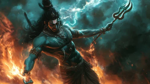Mythological blue-skinned figure with trident amid flames.