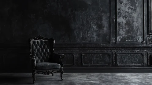 Dark tufted armchair stands against textured paneled wall