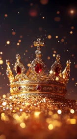 Gold jeweled crown with red gems on glittering surface.