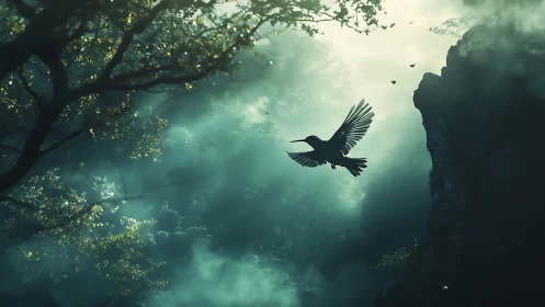 Solitary bird glides through misty forest light and shadow