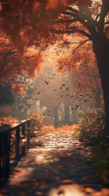 Tree-lined pathway with autumn foliage and distant birds.