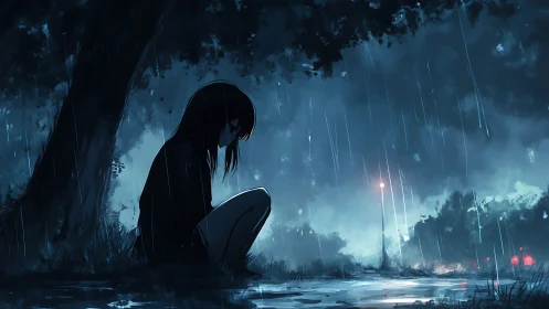 Silhouetted figure sits by a tree during nighttime rainfall