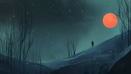 Solitary figure under crimson moon on winter hillside.