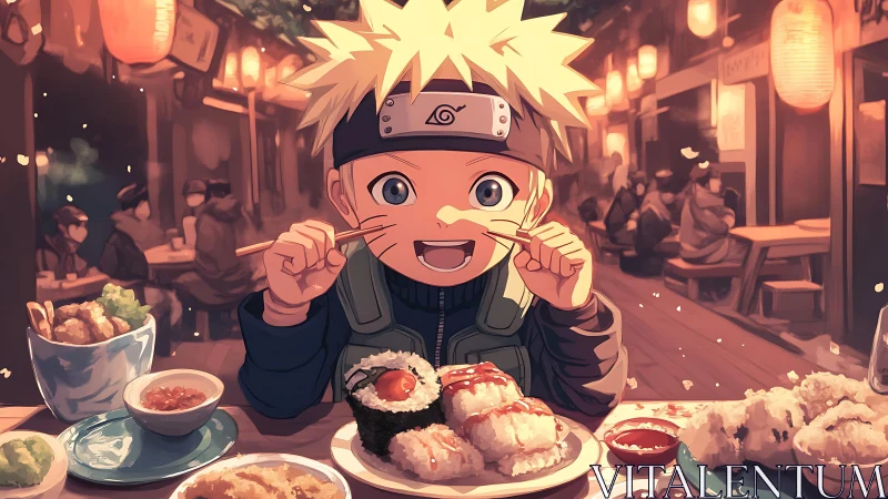 Joyful anime boy savors sushi at a cozy lantern lit street