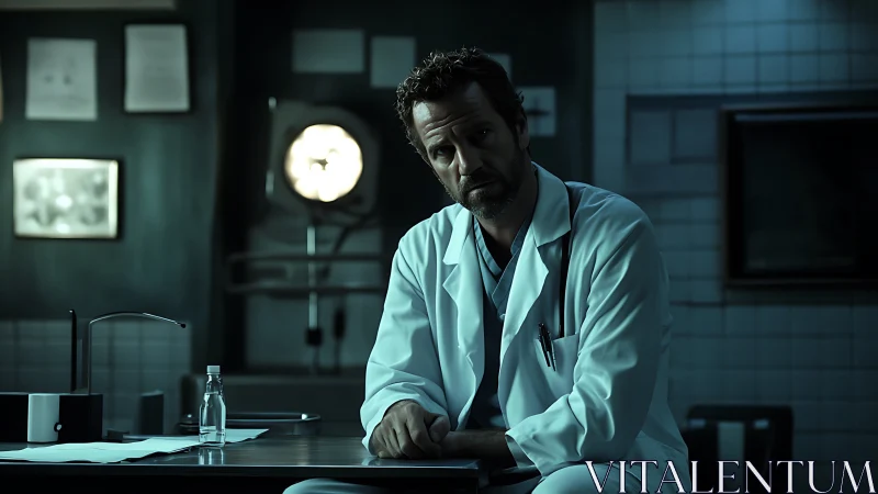 Tired doctor sits in dim hospital room after long night shift