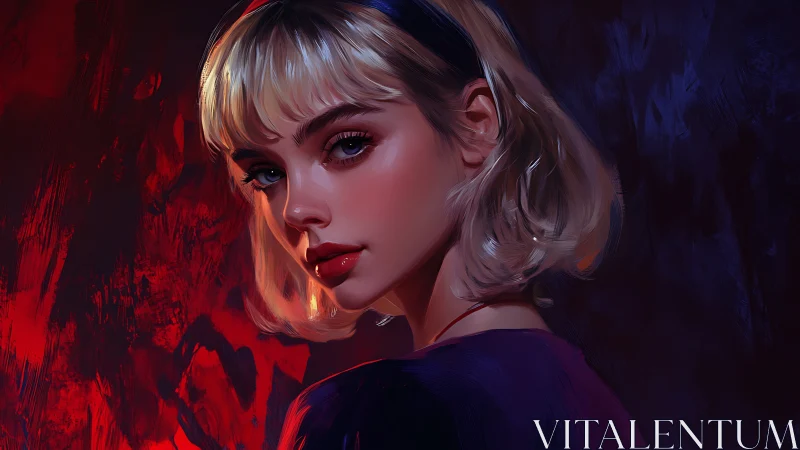 Blonde woman in profile against red and blue background.