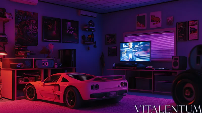 Neon-lit retro gaming den with scale supercar centerpiece.