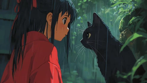 Girl faces black cat in rainy forest scene with soft lighting