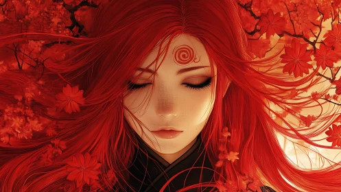 Red haired anime mystic amid swirling autumn blossoms.