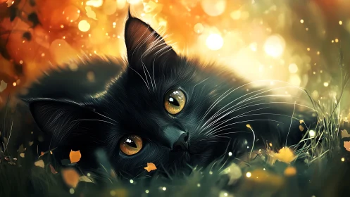 Black Feline with Amber Eyes in Autumnal Bokeh Environment.