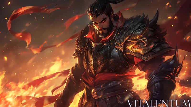 Armored warrior with flaming accents in dynamic fire scene.