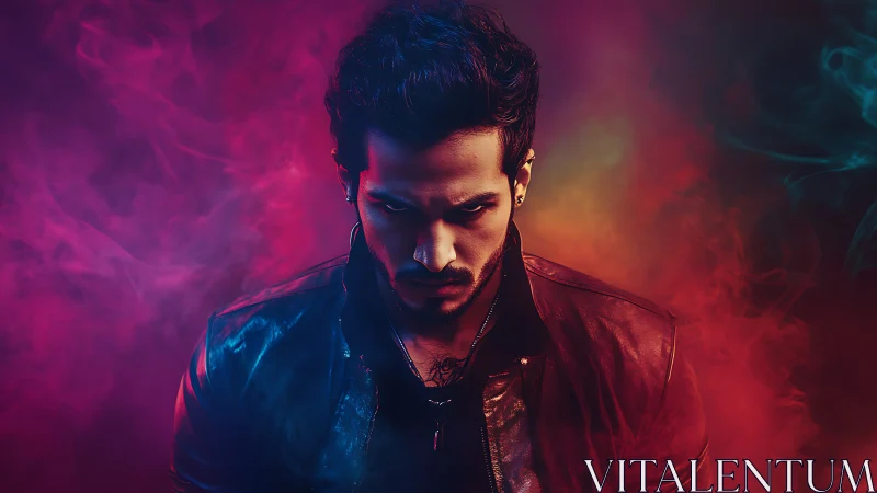 Intense portrait within neon smoke and moody colored light.