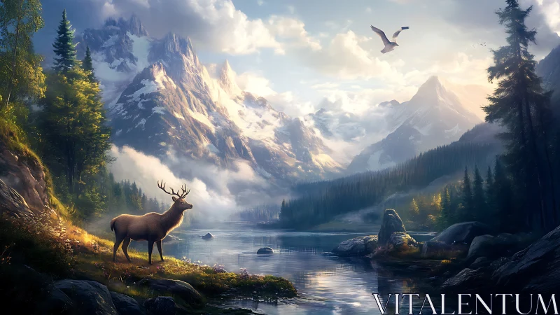 Quiet stag at sunrise beside a storybook mountain lake.