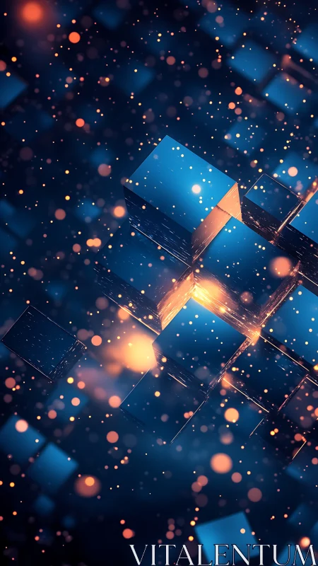 Glowing blue cubes drifting through a dreamy night sky.