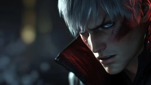 White haired male character glares with scarred face in closeup