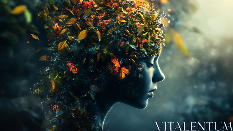 Floral forest muse with glowing butterflies in profile