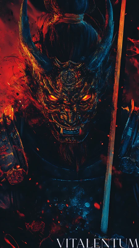 Digital painting of demonic samurai bust with infernal lighting.