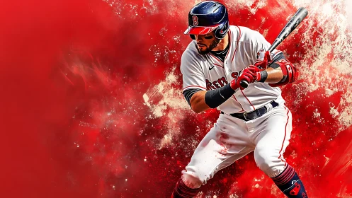Dynamic baseball batter amid explosive red particle field.