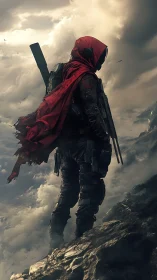 Hooded sci fi sentinel overlooking storm torn mountain ridge.