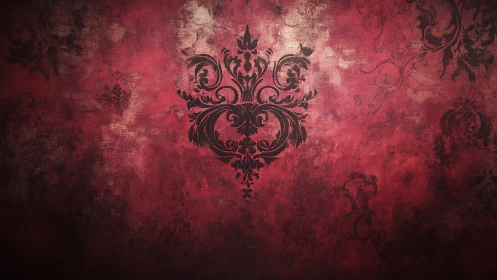 Baroque flourish blooms over weathered crimson patina wall.