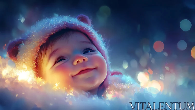 Smiling baby in furry hood lies in glowing snowy bokeh light