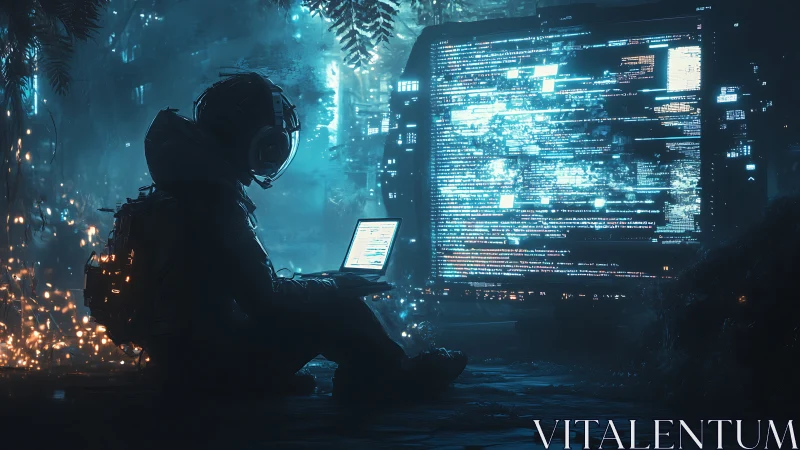 Lone coder explores glowing data in a dreamy neon forest.