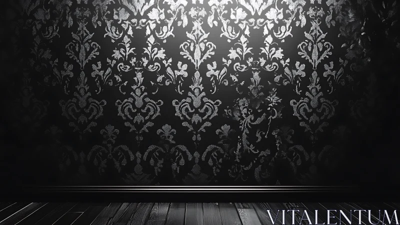Dark damask wallpaper with dramatic spotlighted texture.
