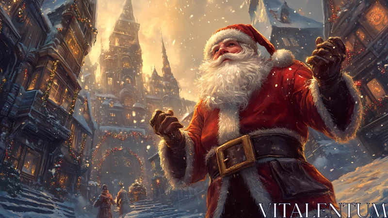 Majestic Santa in luminous medieval Christmas street scene.