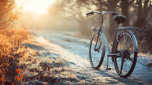 Vintage bicycle resting on rural path at golden sunrise.