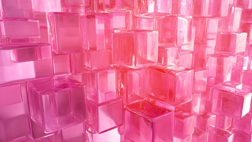 Translucent pink glass cubes in luminous stacked grid.
