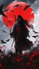 Lone warrior walks beneath a burning crimson moon.