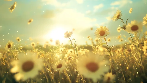 Sunlit daisy meadow drifting in a golden summer haze.