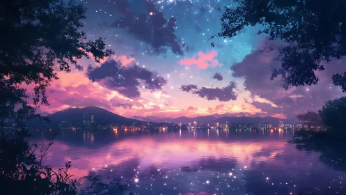 Skyline stardust drifts over a twilight lake of glass