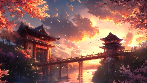 Sunset-illuminated Japanese bridge scene with warm volumetric lighting