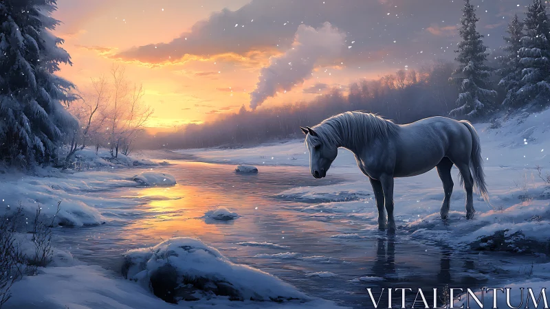 Snowlit horse stands in reflective frozen river at warm sunset