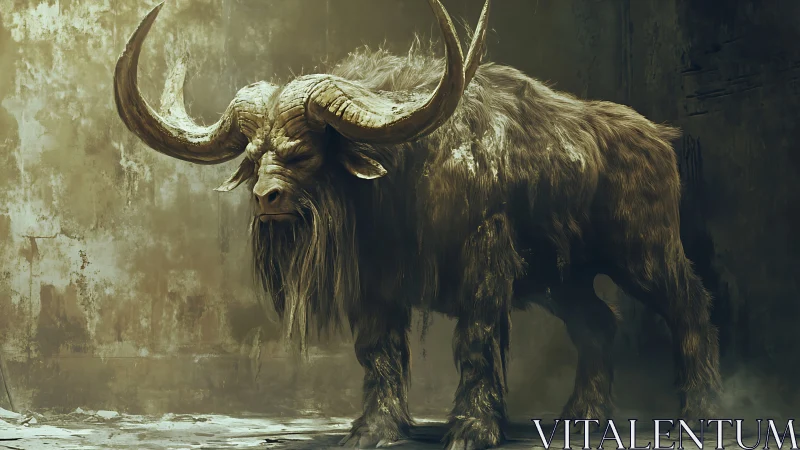Massive horned beast stands against decayed concrete wall