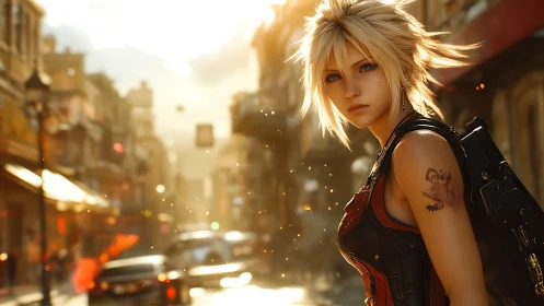 Backlit anime warrior in sunlit urban street environment