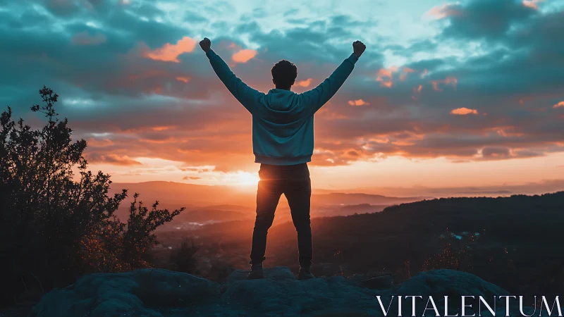 Silhouetted hiker celebrates sunrise over misty mountain valley.