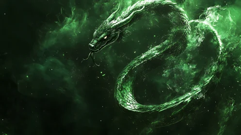 Emerald spectral dragon coils through nebular green void