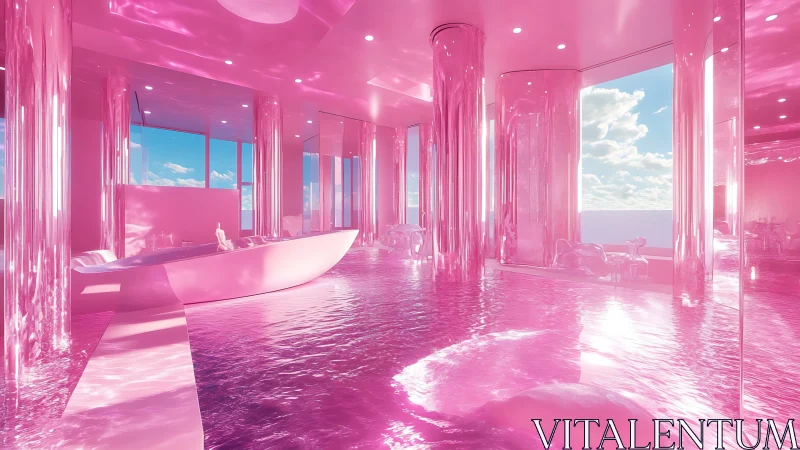 Futuristic Pink Interior with Crystal Columns and Water Floor.