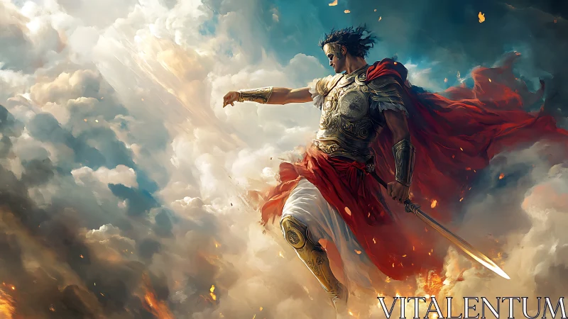 Armored warrior with sword suspended amid dense clouds.