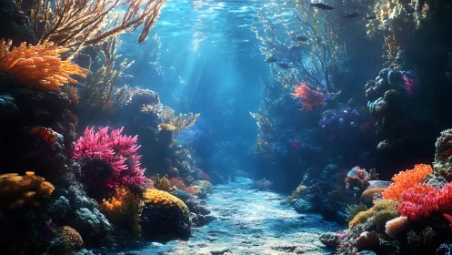 Sunlit coral canyon where underwater colors wander gently.