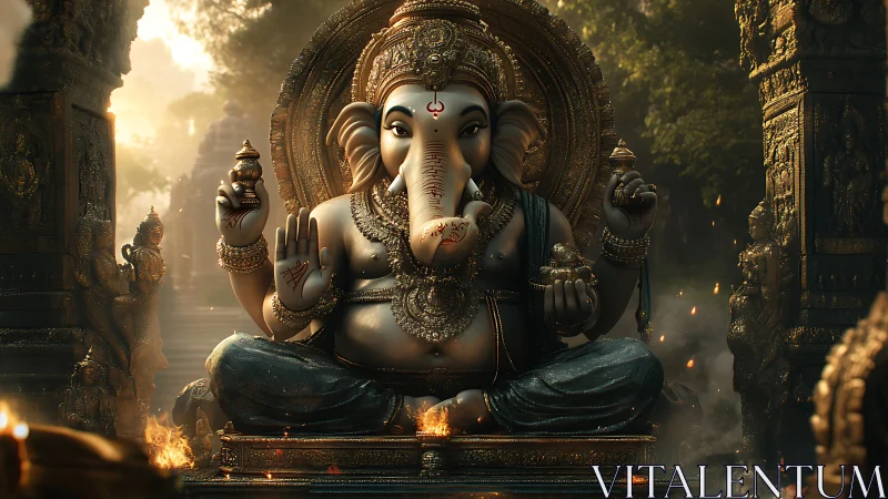 Ganesha idol seated in ornate temple hall at dusk.