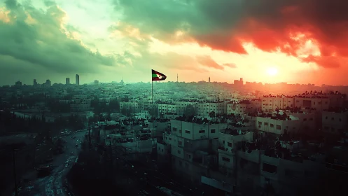 Jordanian city skyline glows beneath dramatic sunset sky.