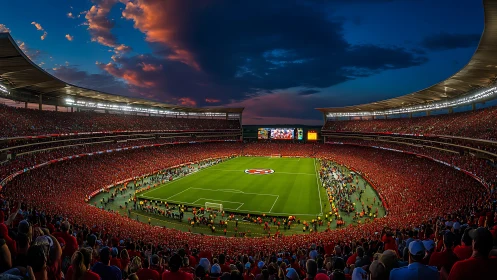 Roaring red stadium wraps twilight sky around electric pitch