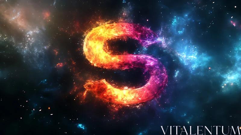 Volumetric fiery letter S rendered as luminous cosmic nebula