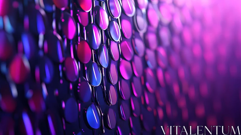 Abstract metallic discs pattern with vibrant pink and blue lighting.