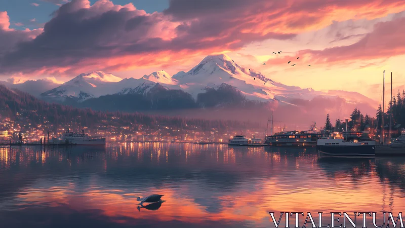 Snowy mountain harbor at dusk with boats and reflections.